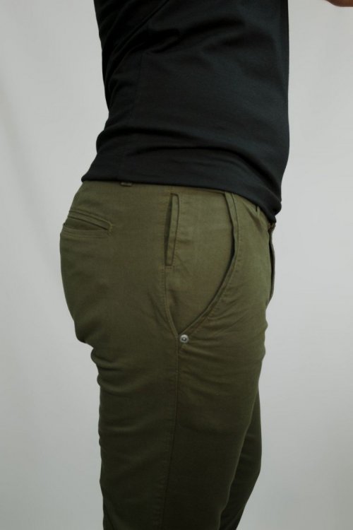 Calça de Sarja Slim Specific Verde Militar Bolso Faca